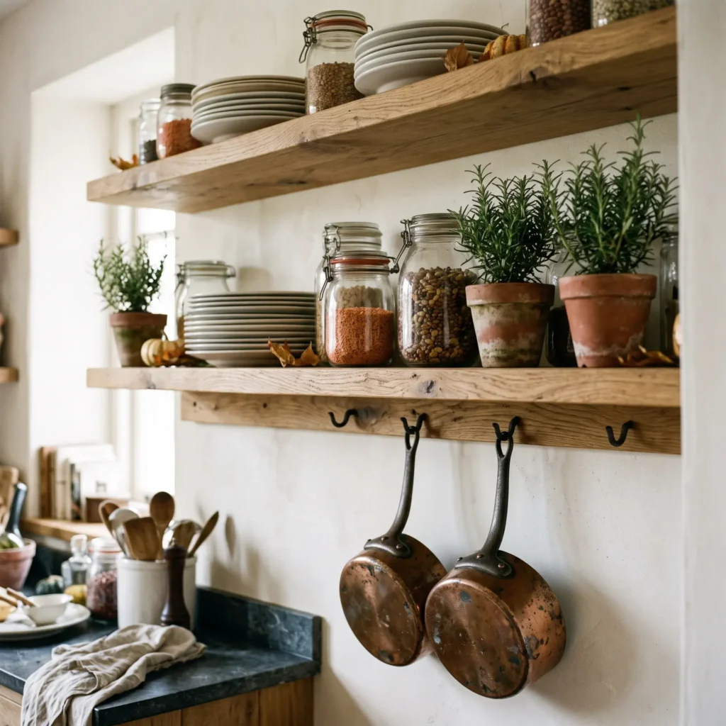Open kitchen shelves with stacked white dishes, glass food jars, and hanging copper cookware.
