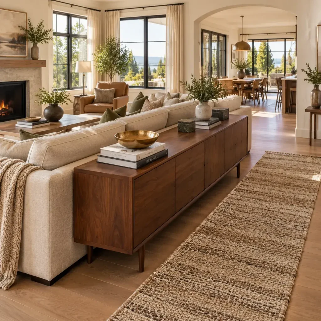 Open concept home showing a low walnut credenza behind a sofa creating an entryway hallway division.