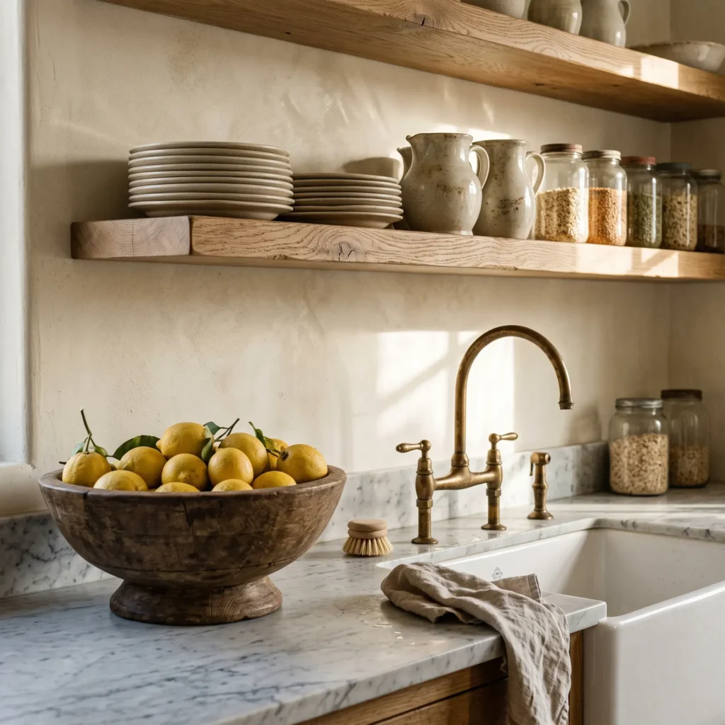 Open wood kitchen shelving with stacked white ironstone dishes and glass dry food jars.