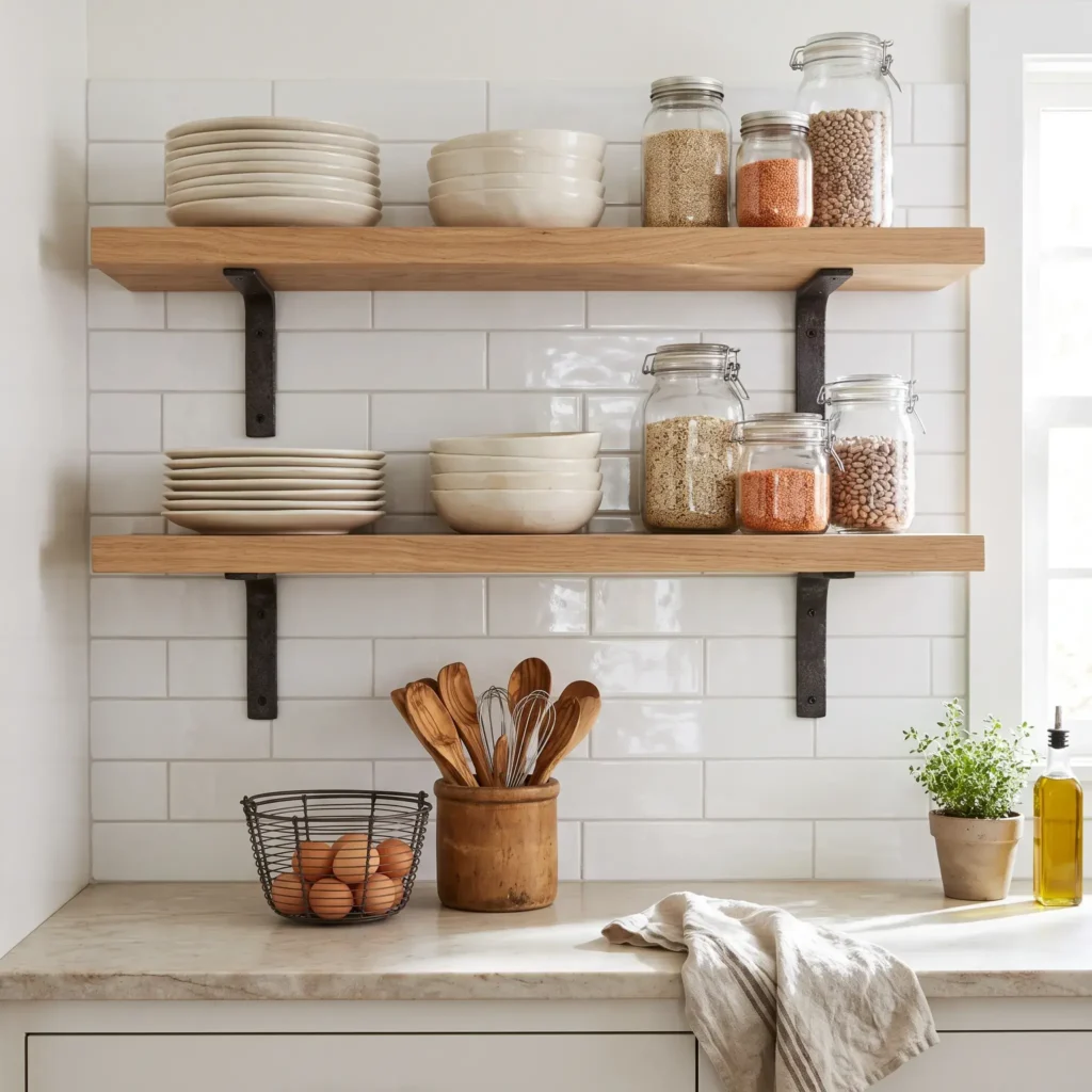 White oak open kitchen shelving with iron brackets holding stacks of white ceramic dishware against subway tile.