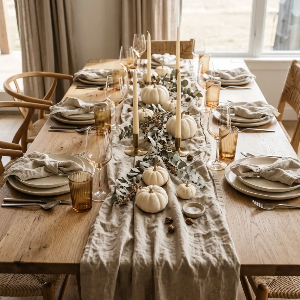 Organic modern Thanksgiving tablescape with cream stoneware, white mini pumpkins, linen runner, and brass candle holders on oak wood.