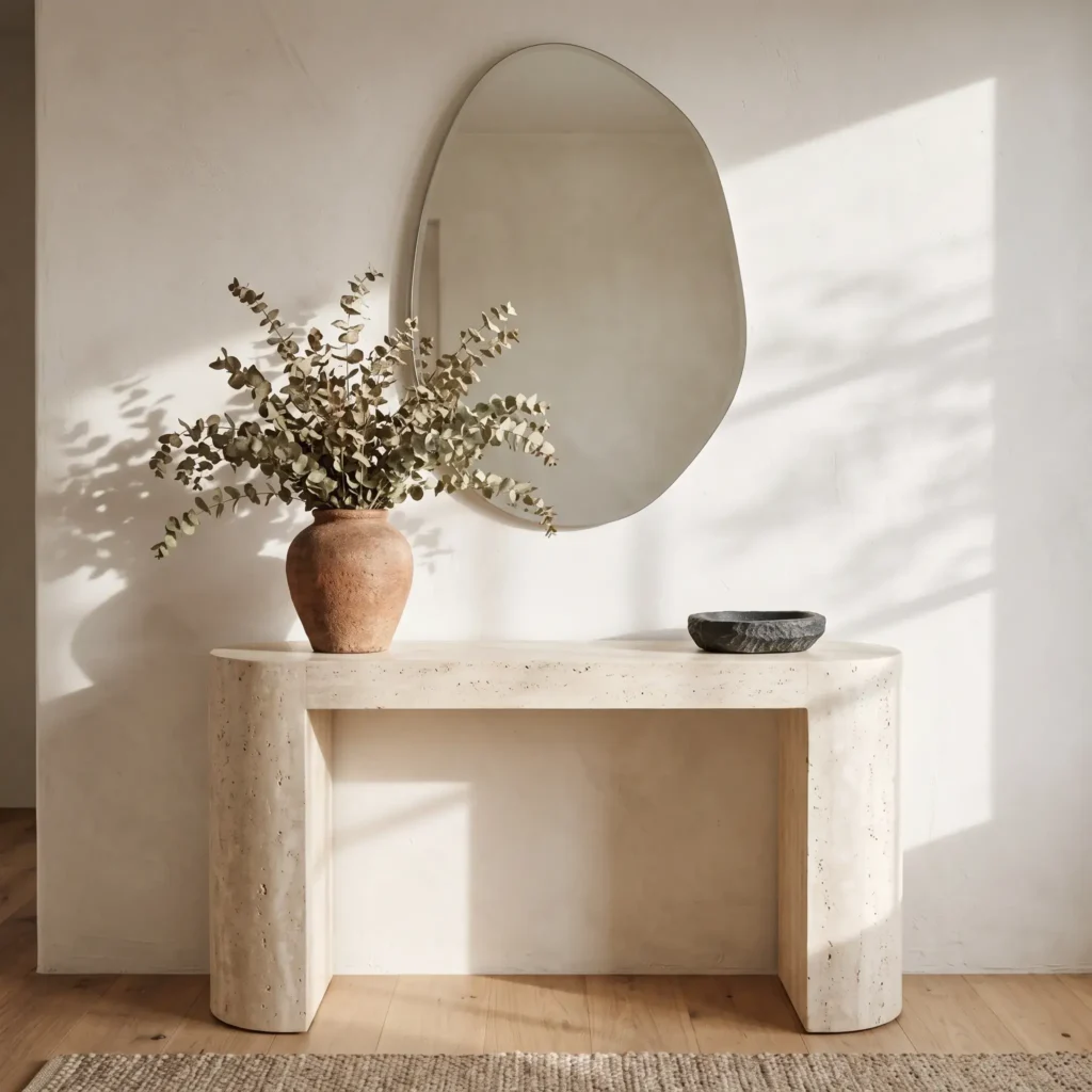 Organic modern entryway styling with a honed travertine console table, pebble mirror, and ceramic urn.