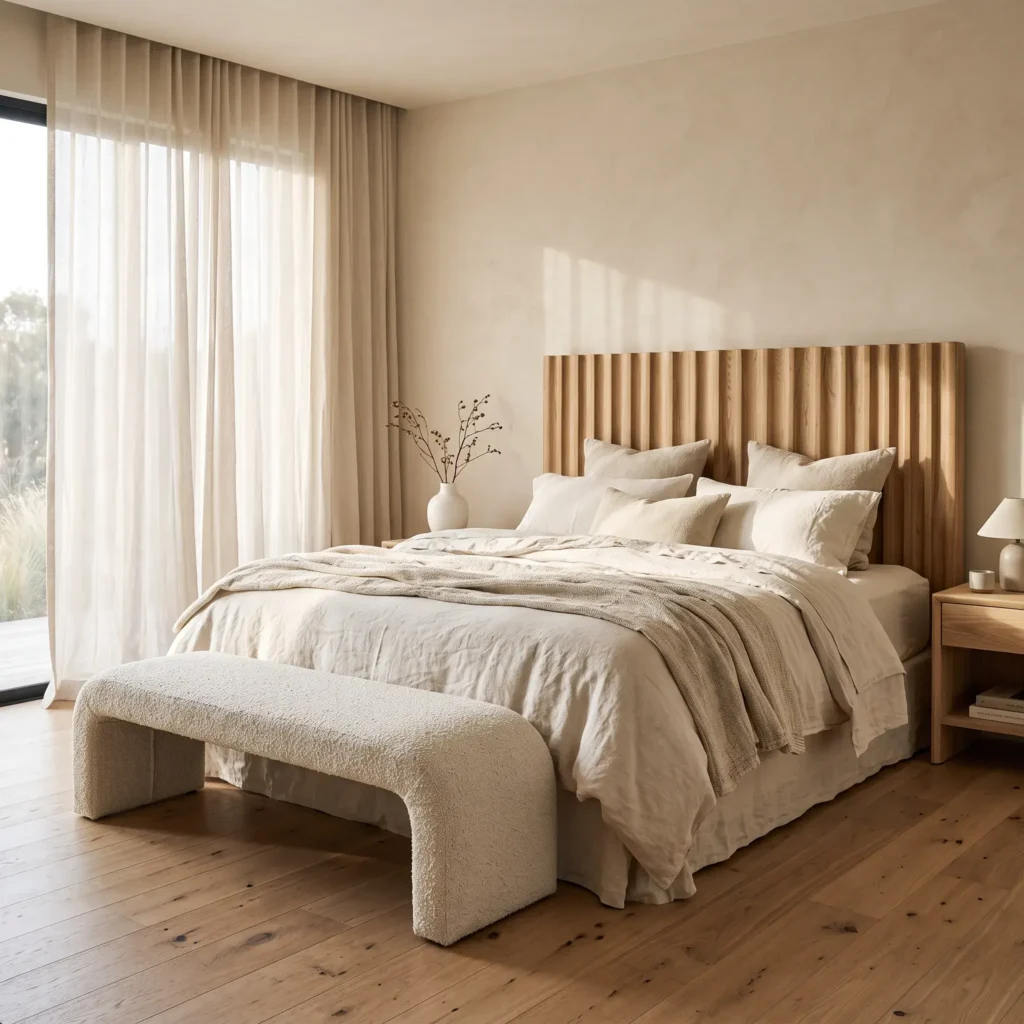 Organic modern bedroom with a fluted white oak headboard, warm ivory walls, layered linen bedding, and a curved bouclé bench.