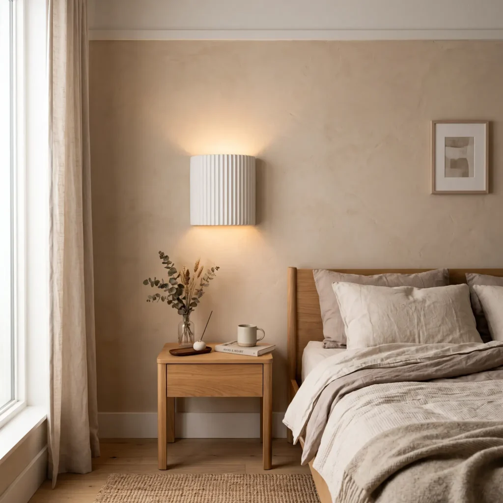 Fluted white plaster plug-in wall sconce casting upward and downward light on a plaster wall.