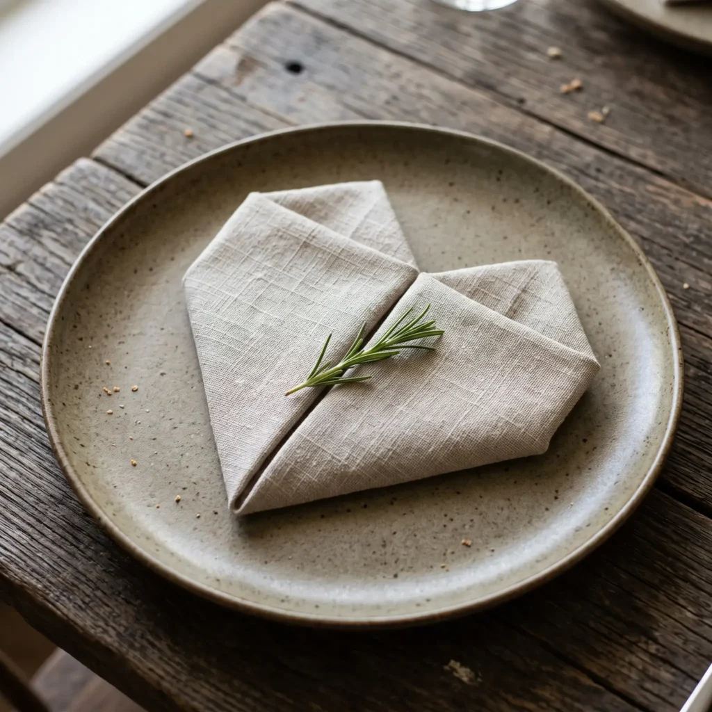 A natural oatmeal linen napkin folded into a neat heart shape set on a ceramic dinner plate.