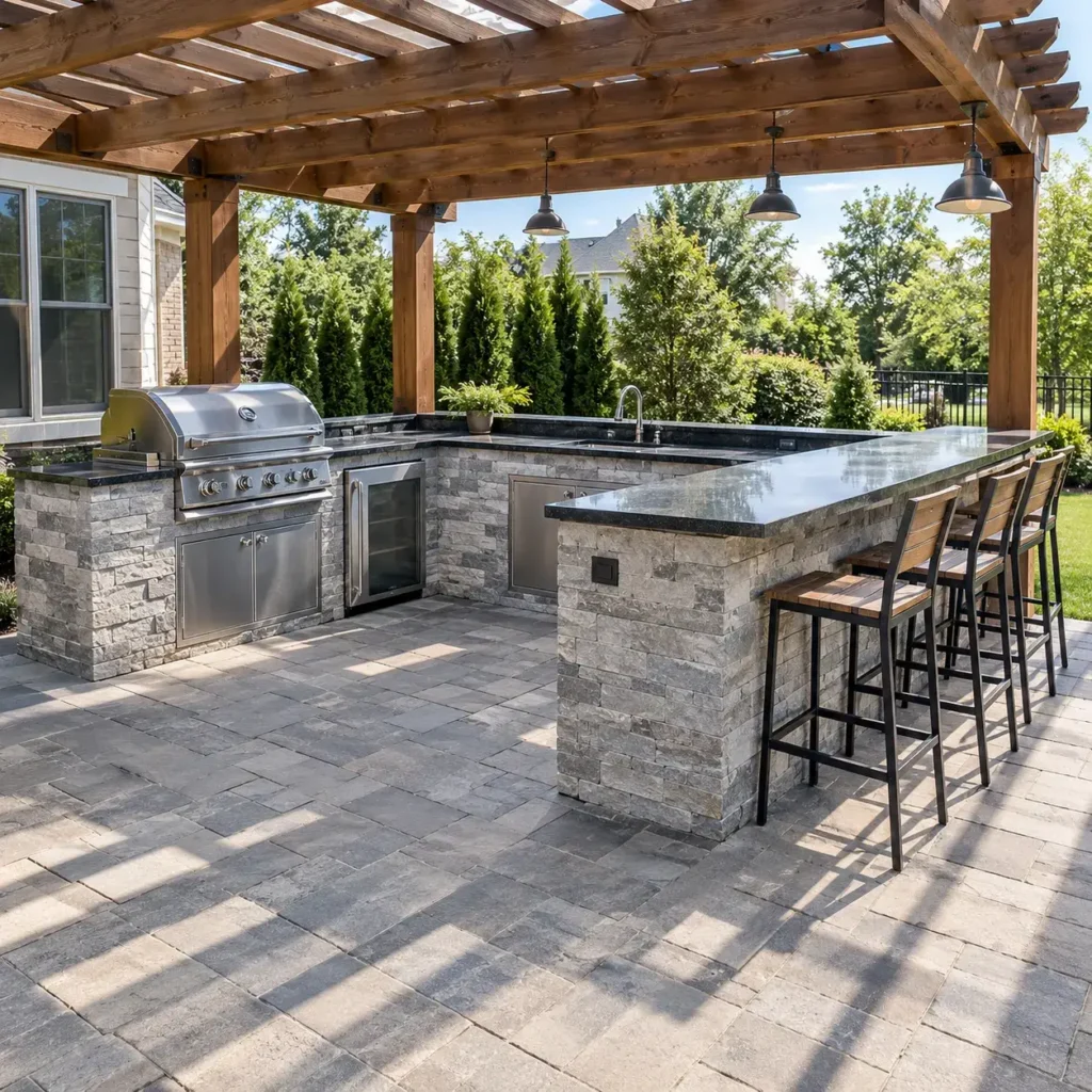 L-shaped outdoor kitchen island featuring a stainless steel grill, beverage fridge, and granite countertops.
