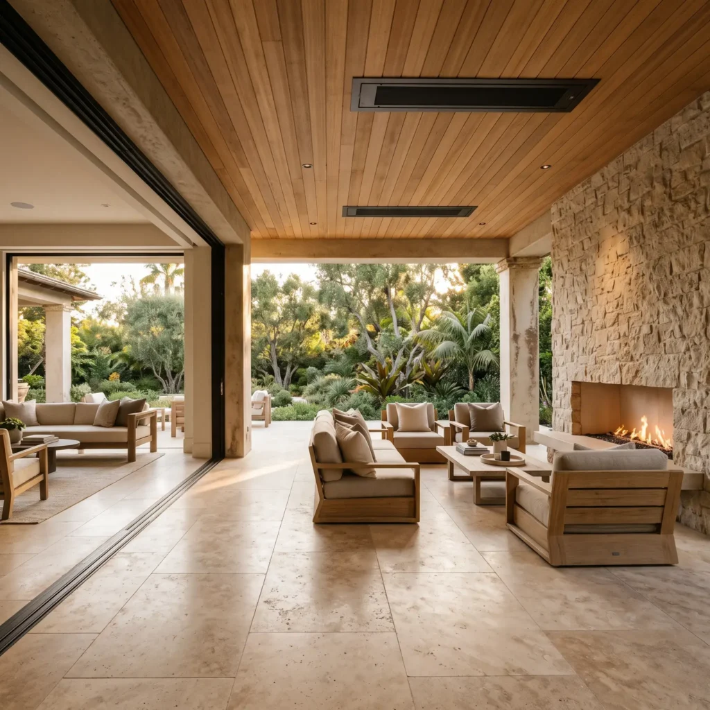Covered luxury outdoor living loggia with flush travertine floors, recessed glass pocket doors, and an outdoor limestone fireplace.