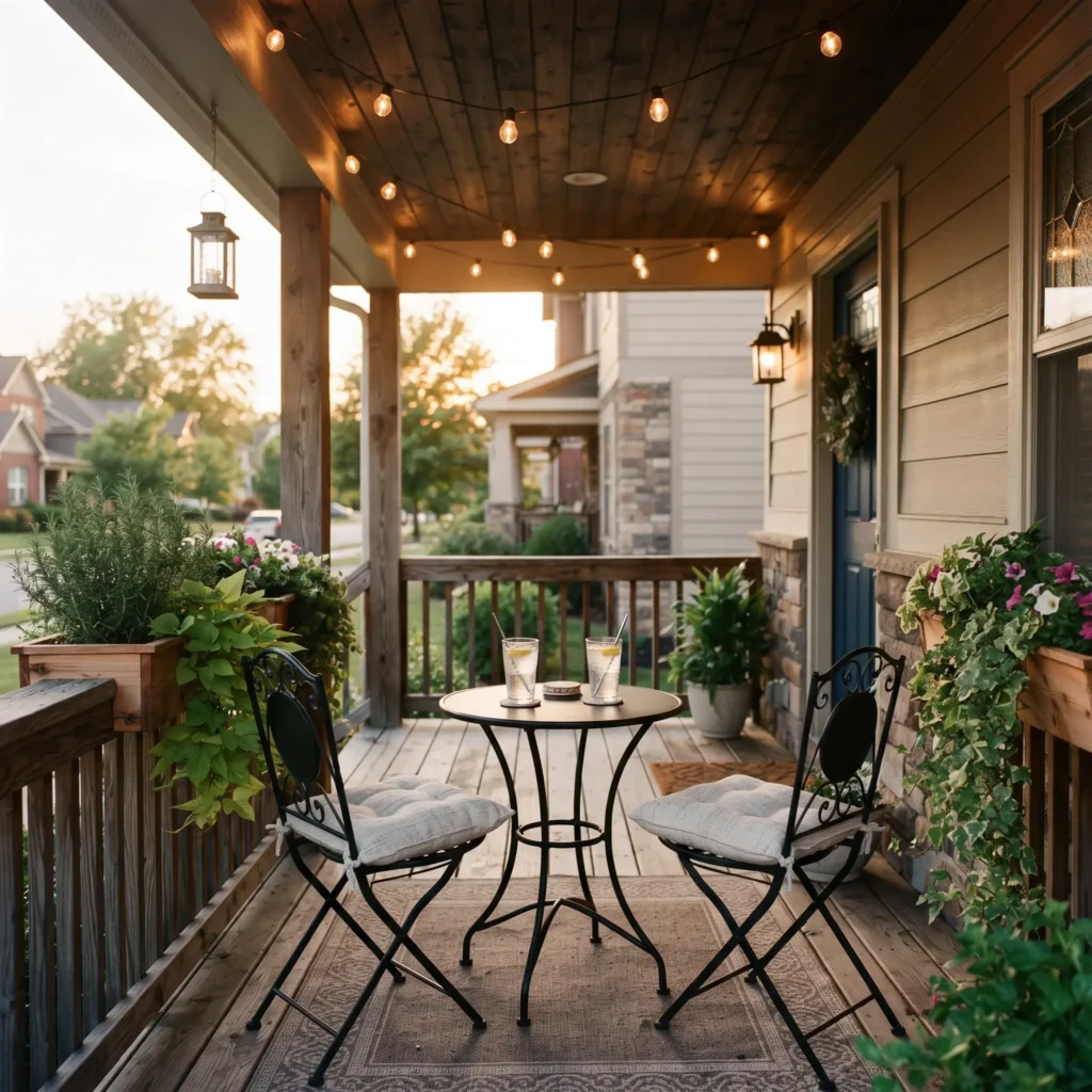 Covered porch styled with a black iron bistro set, string lights, and railing planter boxes filled with herbs.