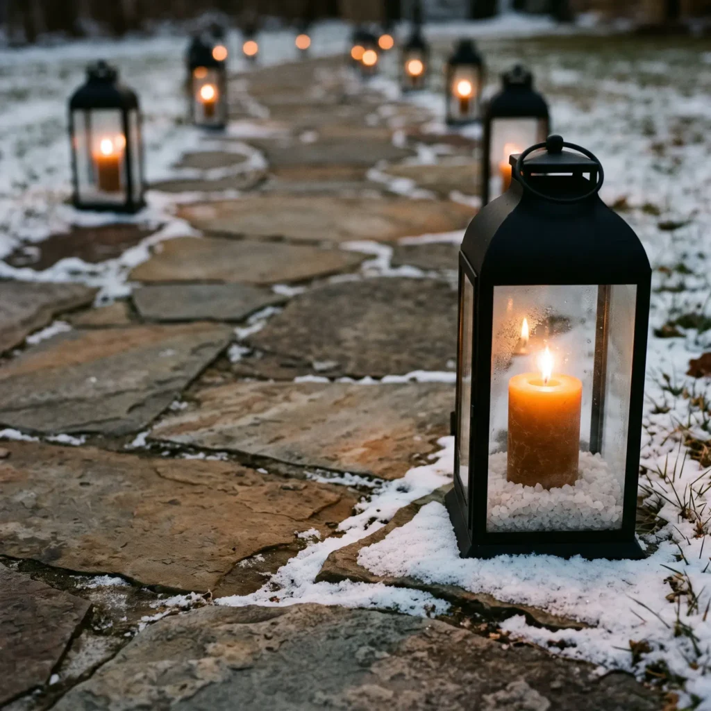 Black metal glass lanterns with salt bases and glowing pillar candles lining a stone walkway in winter.