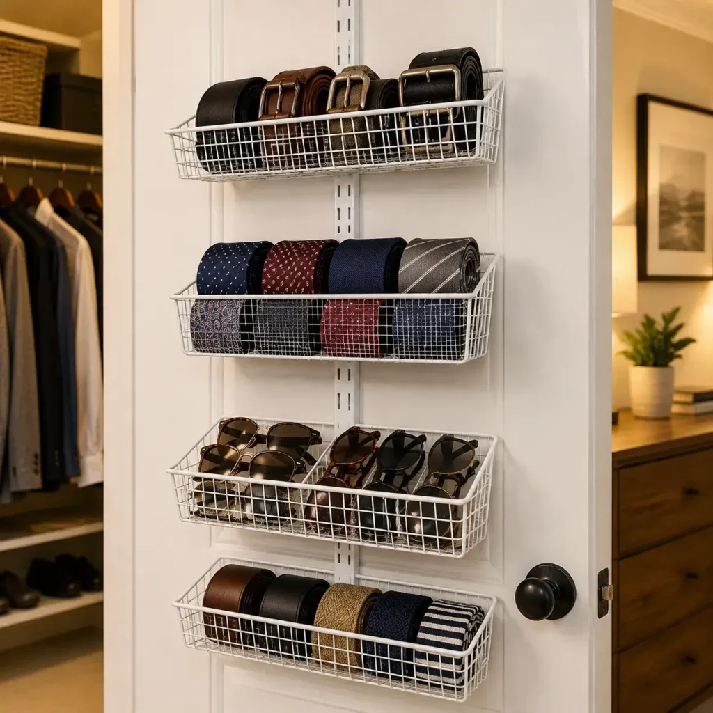White steel over the door track rack holding neatly sorted accessories and belts.