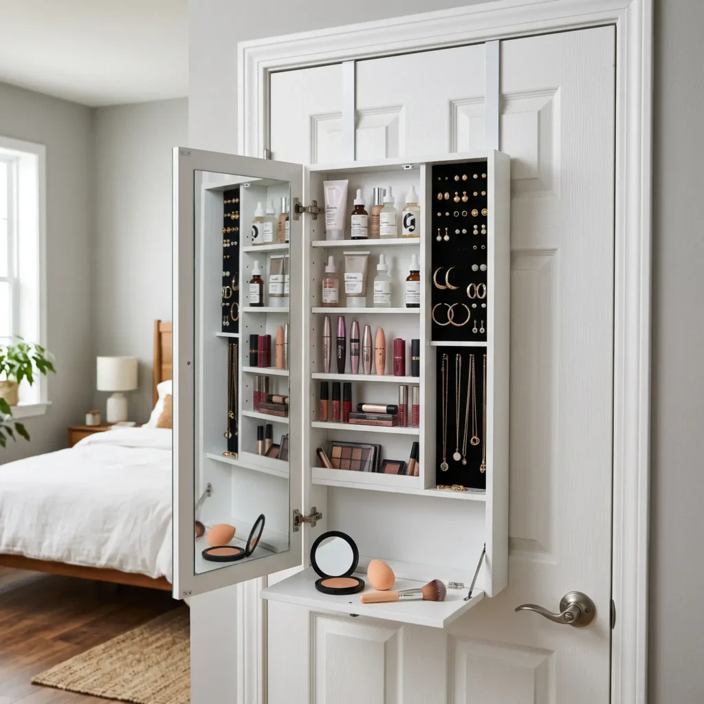 Over the door jewelry and makeup armoire cabinet open to show organized cosmetics, mirror, and drop-down shelf.
