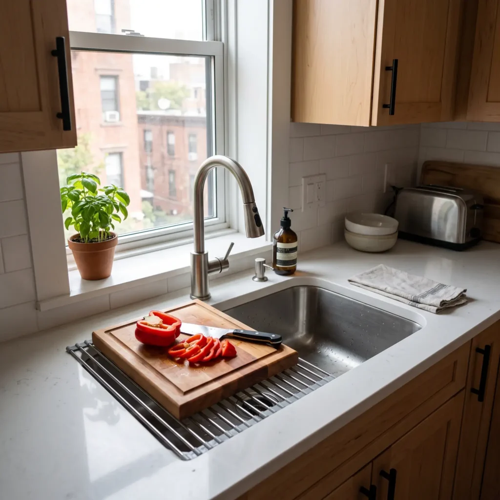 Stainless steel roll-up dish rack sitting across an apartment kitchen sink supporting a wooden cutting board.