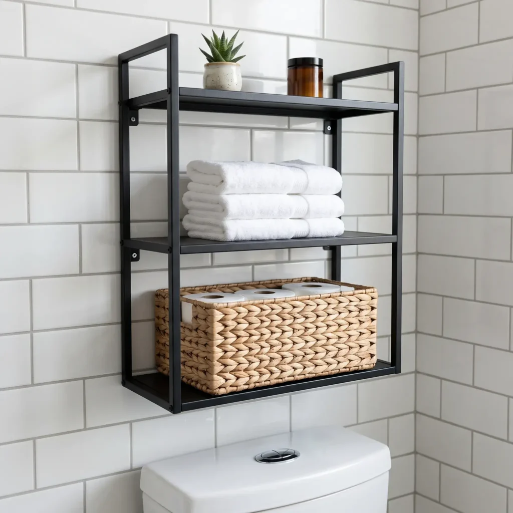 Three-tier black metal shelving unit mounted with proper clearance above a toilet tank.