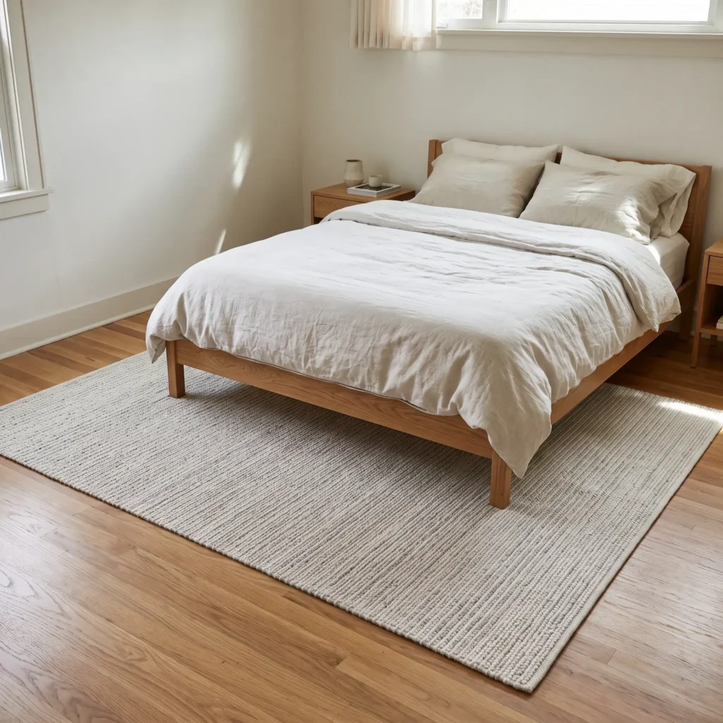 Large 8x10 wool area rug extending under a queen bed to unify floor space in a compact room.