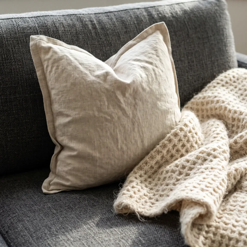 Washed linen throw pillow with a soft indent on a dark charcoal couch.