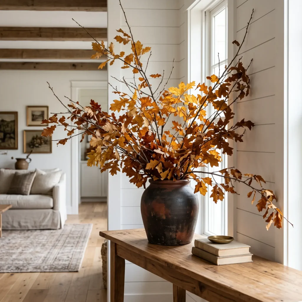  Console table featuring a tall terracotta vase with sprawling foraged autumn oak branches reaching into the room.