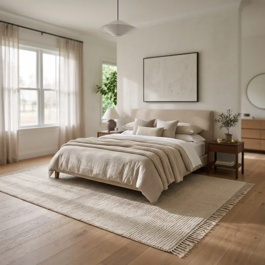Oversized ivory wool area rug placed under a king bed with twenty-four inches of border on light oak floors.
