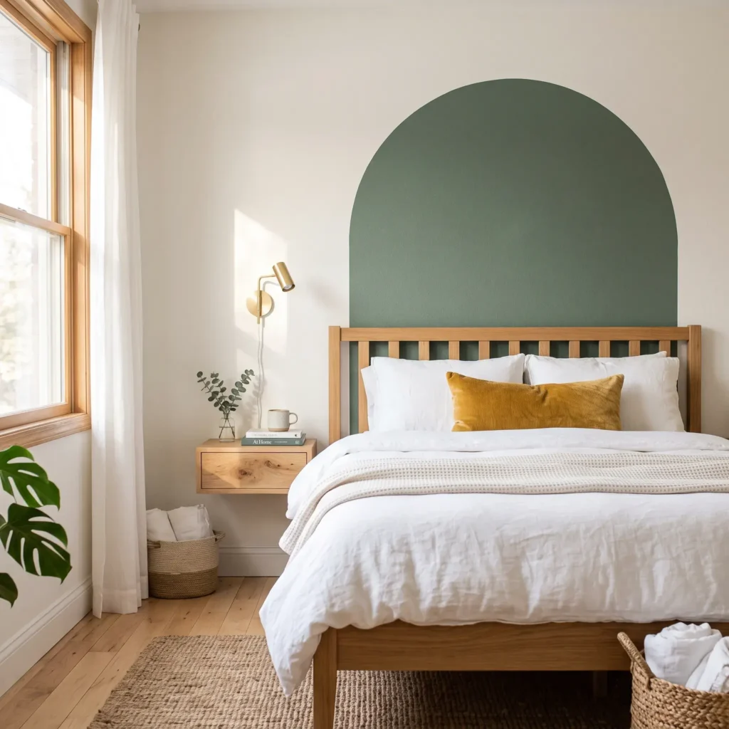 Muted olive green painted half-circle arch on a white wall acting as a graphic headboard behind a bed.