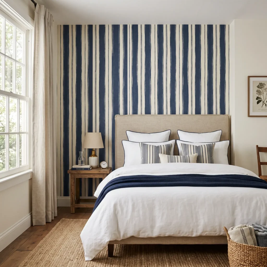 Bedroom feature wall behind an oatmeal linen headboard using navy hand-drawn ticking stripe removable wallpaper.