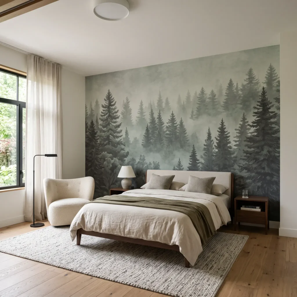 Bedroom focal wall with a continuous gray and soft green woodland peel and stick mural.