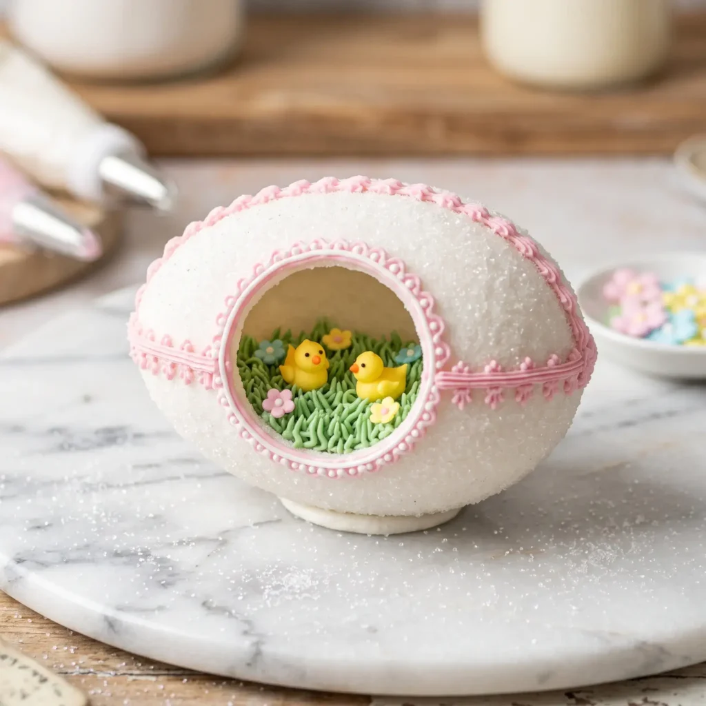 Traditional hollow panoramic sugar Easter egg diorama with piped royal icing flowers and tiny chicks inside.