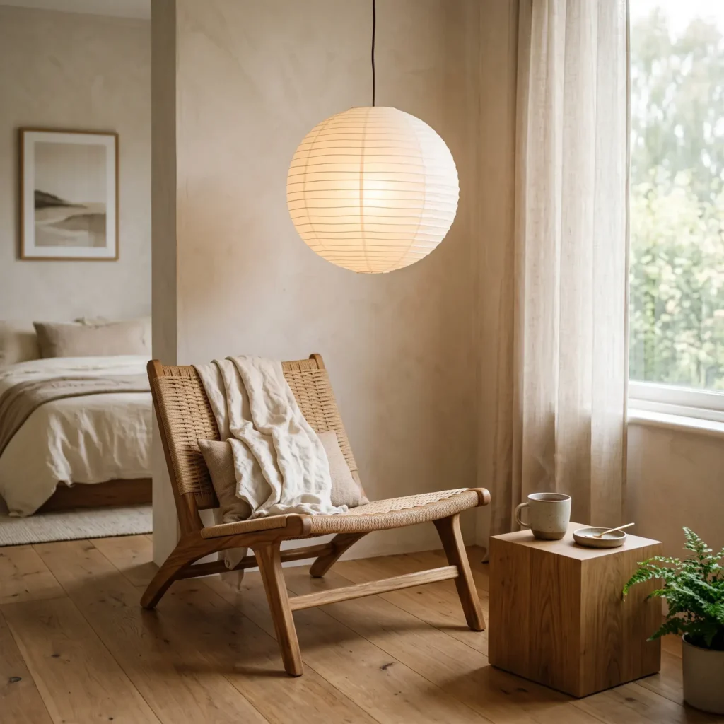 Ribbed washi paper pendant light hanging low over an oak lounge chair in a quiet bedroom corner.
