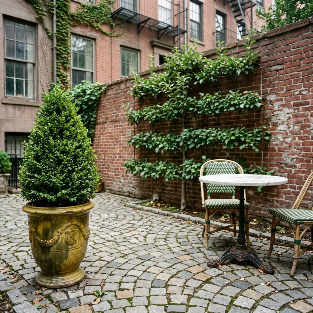 Parisian style courtyard patio with granite cobblestones, marble bistro table, woven cafe chairs, and espalier fruit trees.