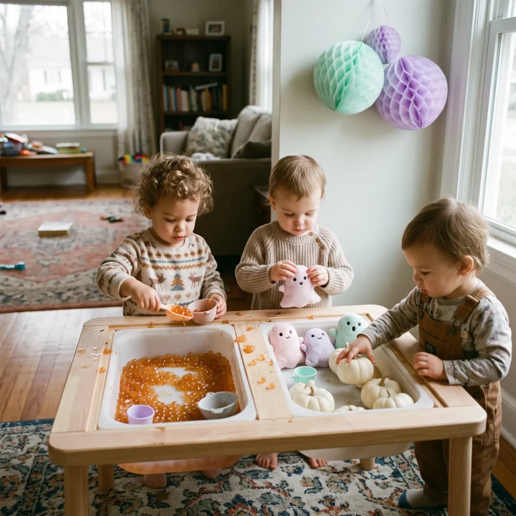 Toddlers playing with soft sensory bins at a pastel themed Halloween party table
