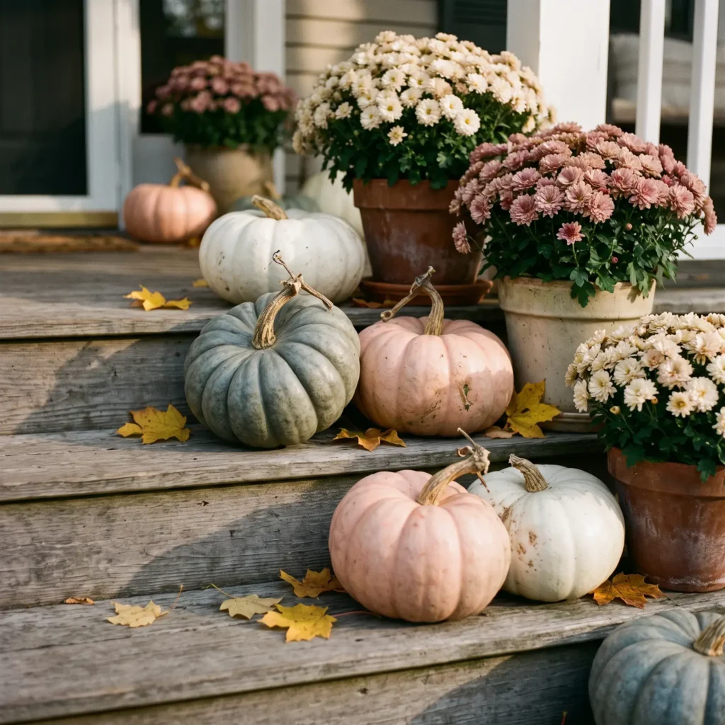 Heirloom blue, pink, and white pumpkins stacked on porch steps with flowering mums.