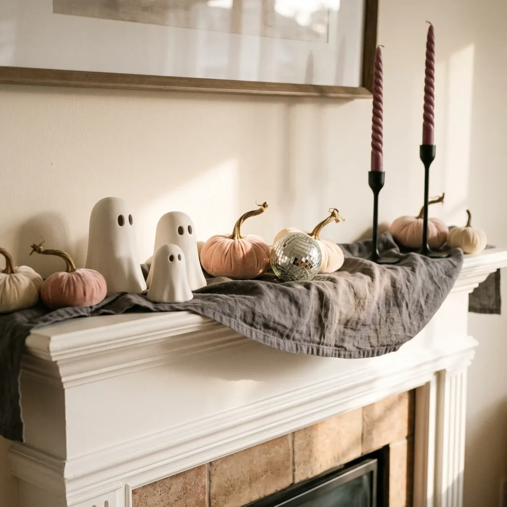 Styled fireplace mantel with matte white ceramic ghosts, blush velvet pumpkins, and black iron candleholders.