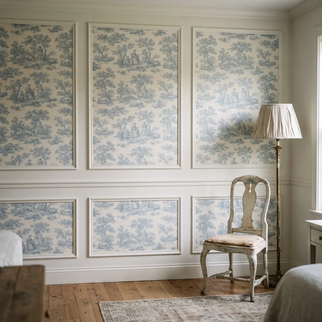 Pastoral blue toile de jouy wallpaper panel framed inside wood wall moulding behind a bedroom nightstand