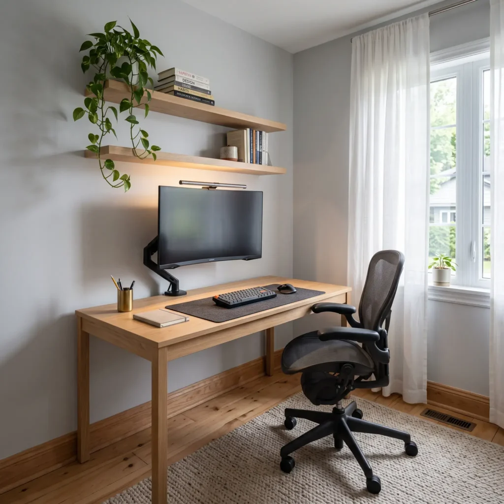 Perimeter home office desk layout featuring a 55-inch oak desk against a gray wall with floating shelves.