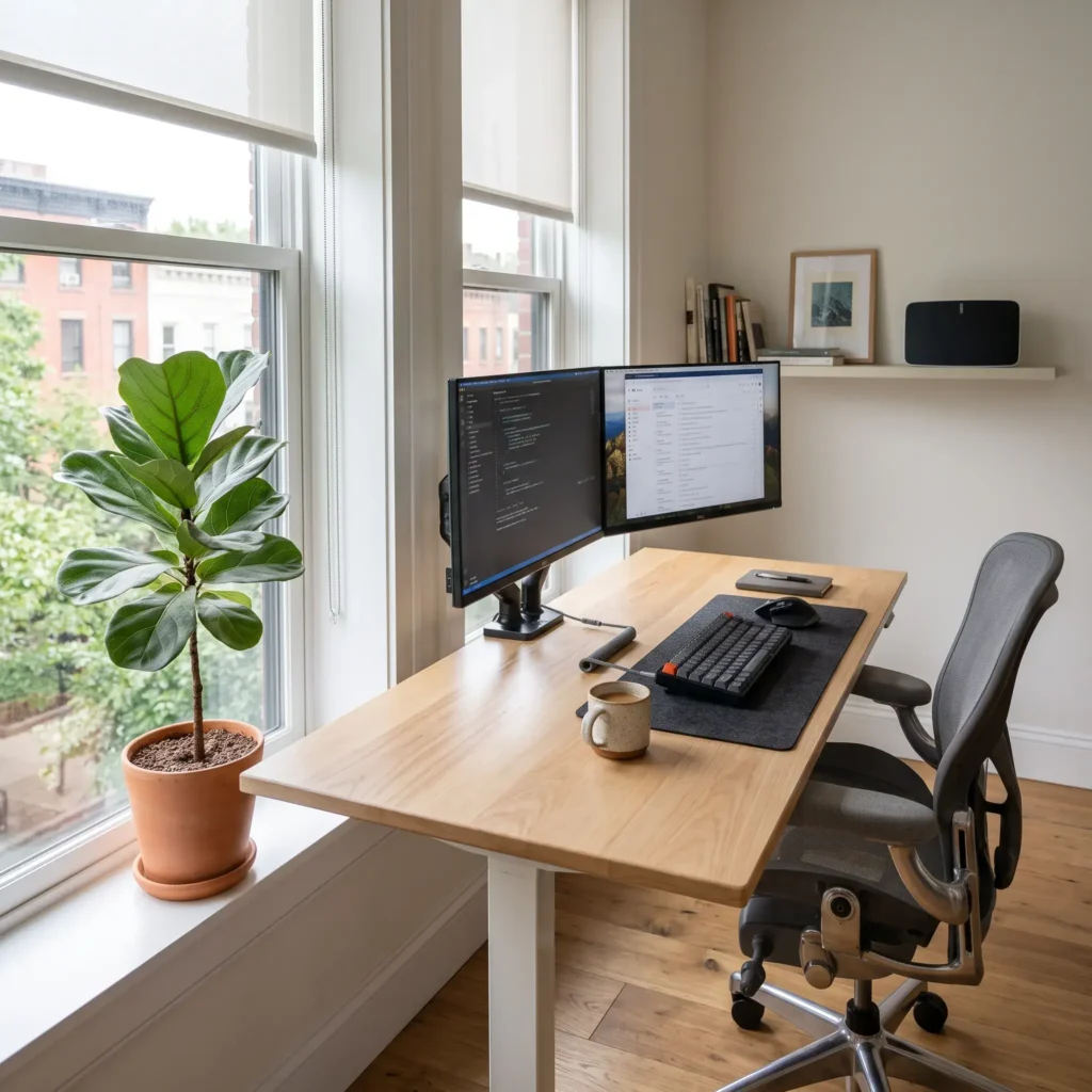 Perpendicular window desk layout showing side daylight illumination across a dual-monitor workstation.