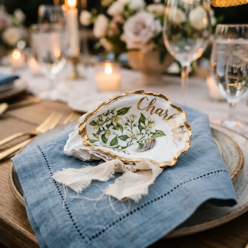 Coastal wedding reception table setting featuring a decoupaged oyster shell place card with gold leaf rim and calligraphy name.