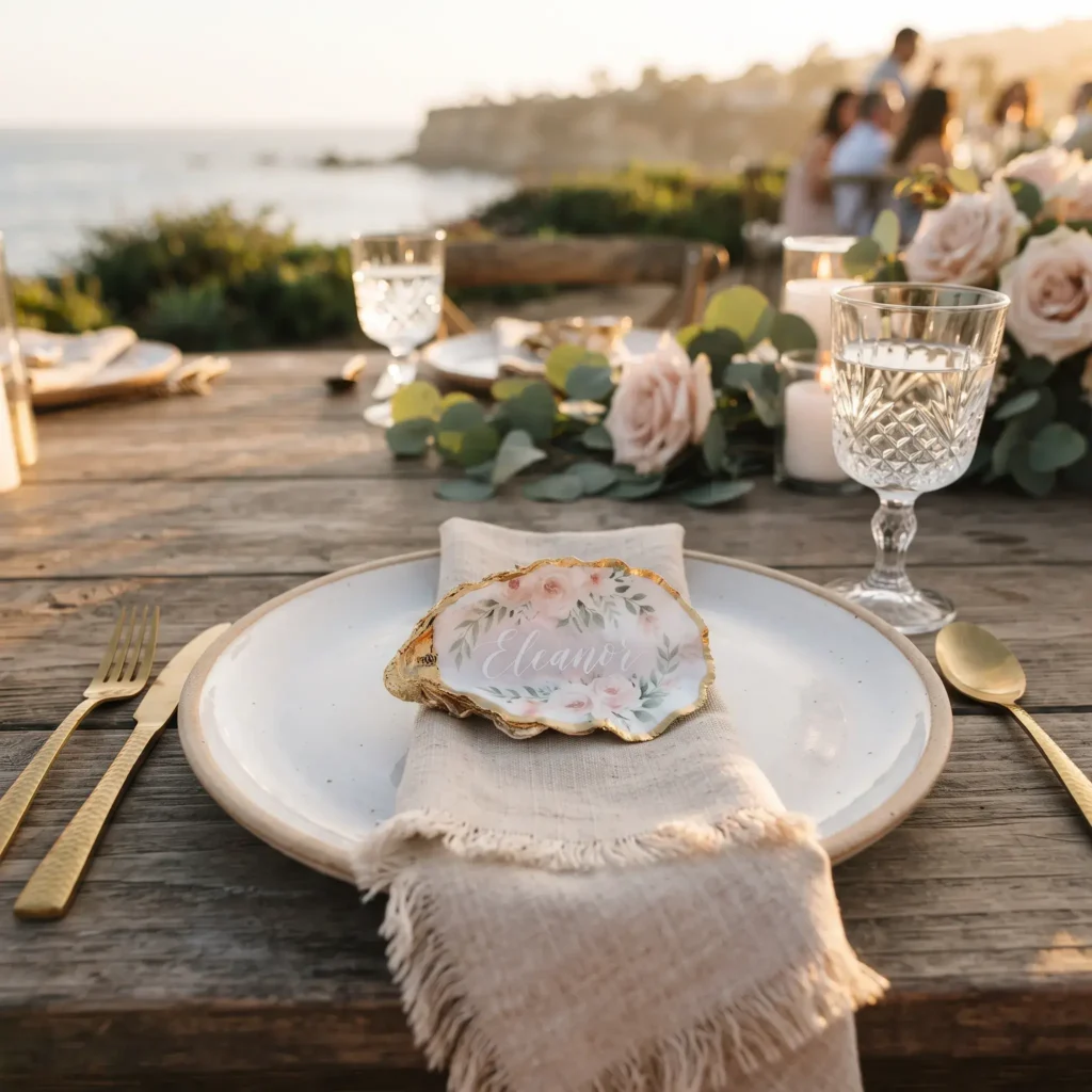 Small decoupage seashell place card on a formal wedding reception table setting with guest name in white calligraphy.
