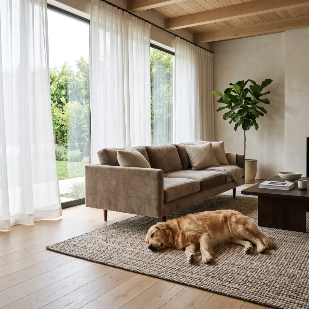 Modern living room with a taupe performance velvet sofa and a low-pile heathered rug next to a resting Golden Retriever.
