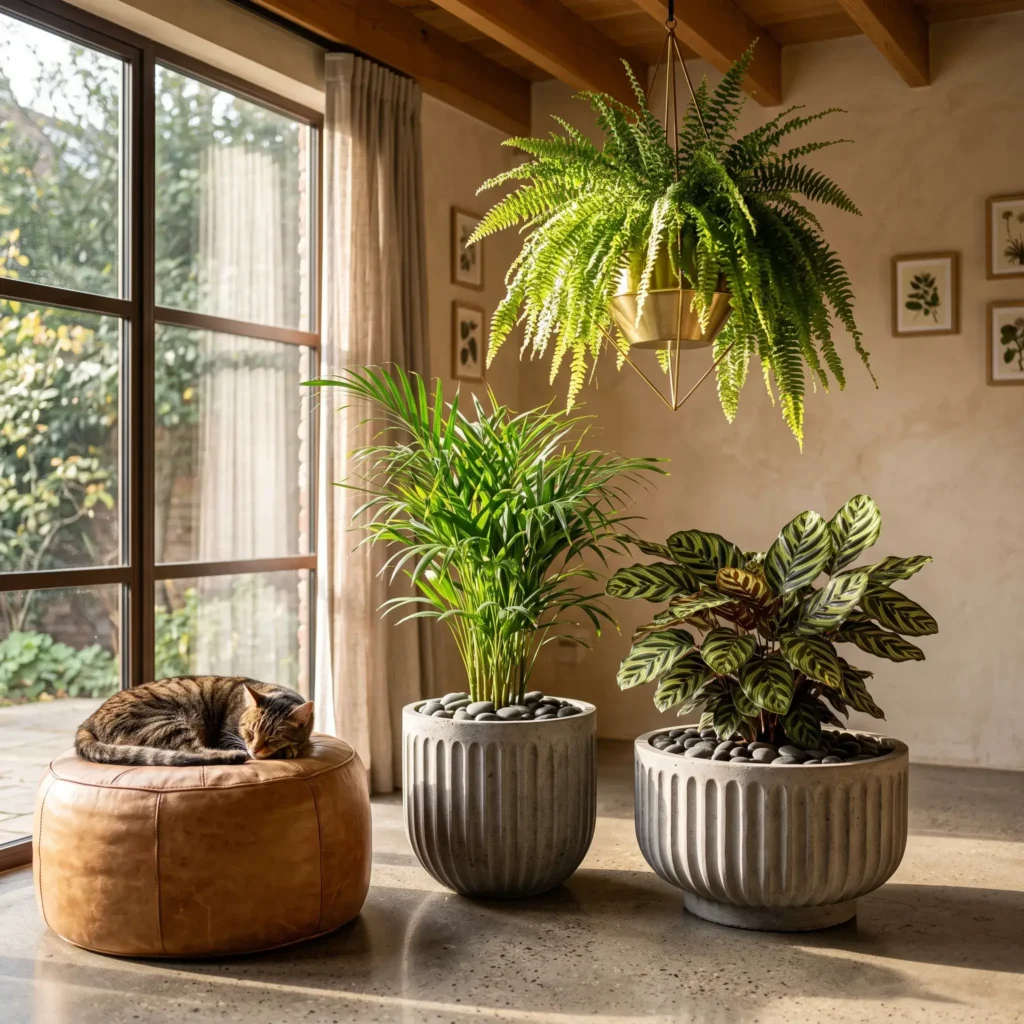 Sunlit living room corner with pet-safe houseplants in heavy concrete pots topped with smooth river pebbles next to a cat.