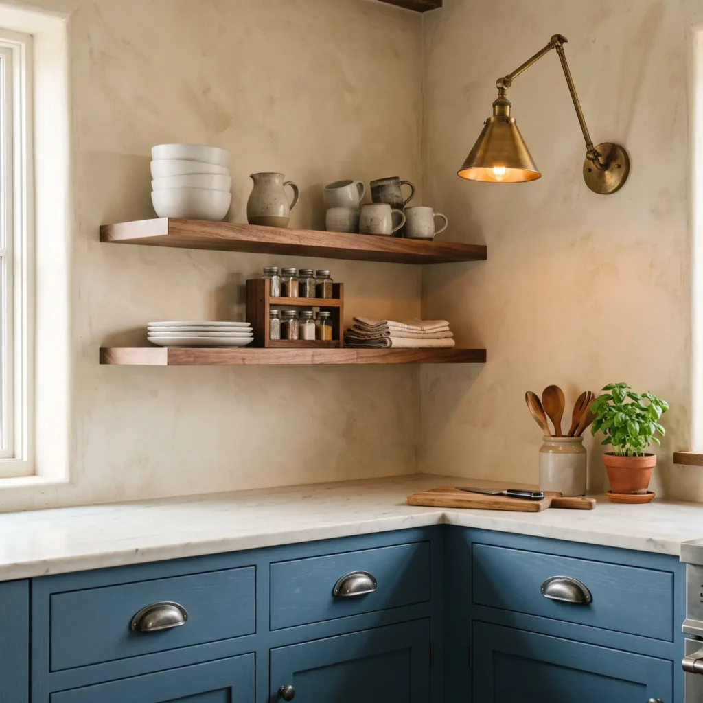 Cottage kitchen showing dusty blue cabinets with pewter cup pulls and an antique brass wall sconce over walnut shelves.
