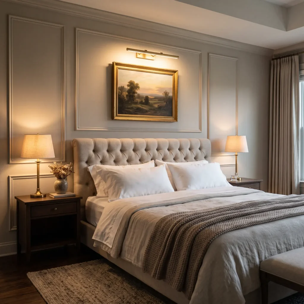 Applied architectural picture frame moulding enclosing an oil painting with a wireless brass picture light above a King bed.