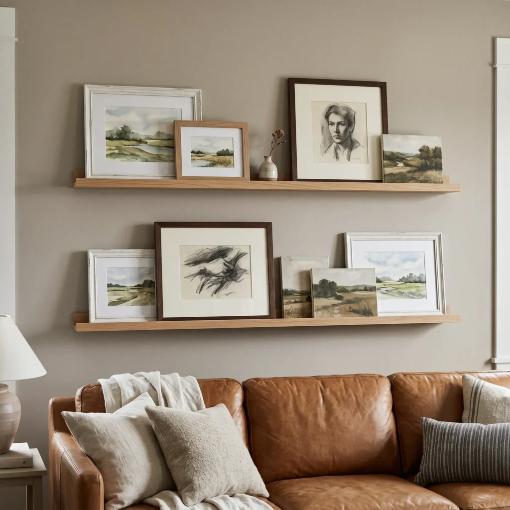 Two shallow white oak picture ledges displaying overlapping framed art above a brown leather sofa.