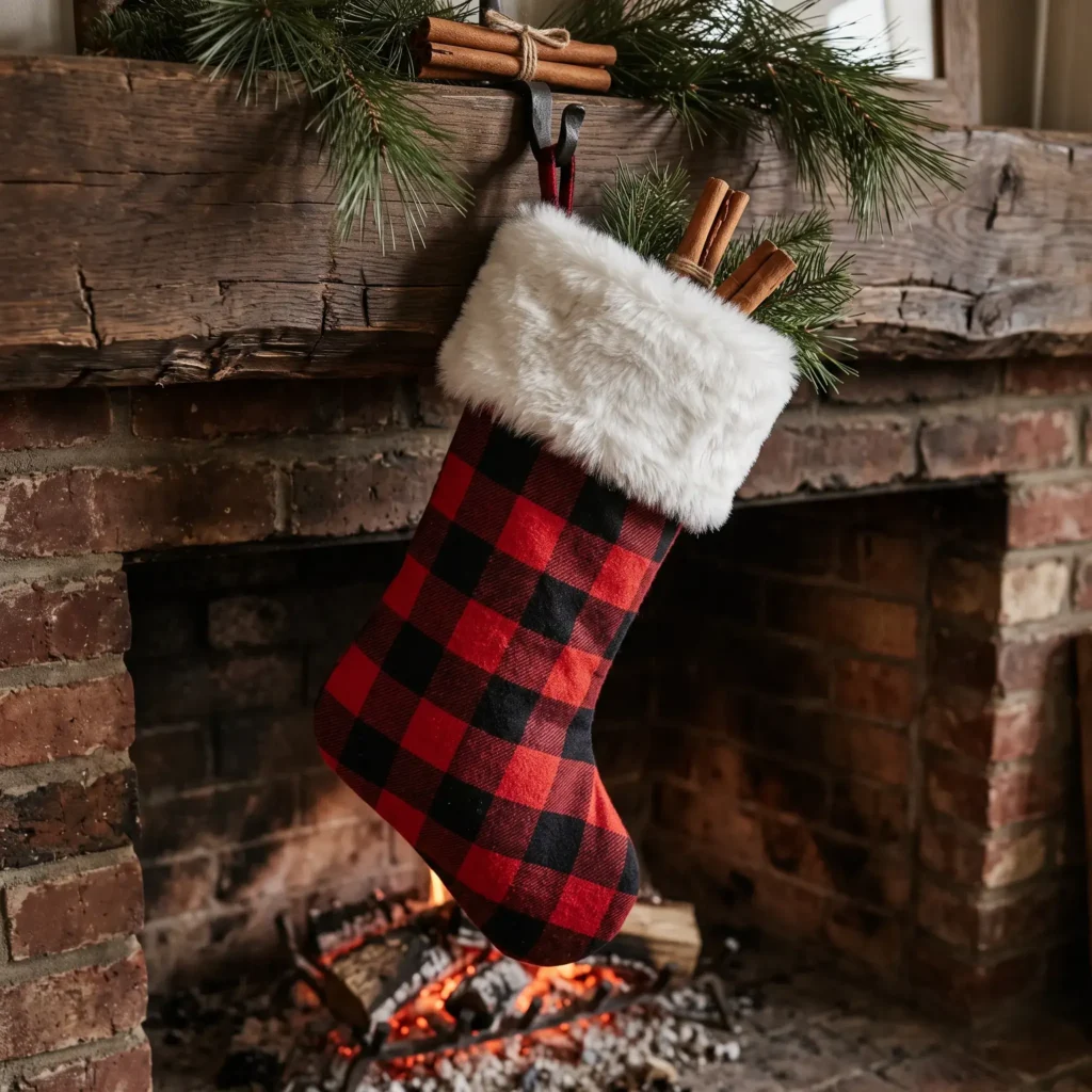 Red and black buffalo check flannel holiday stocking with a soft white faux fur cuff.