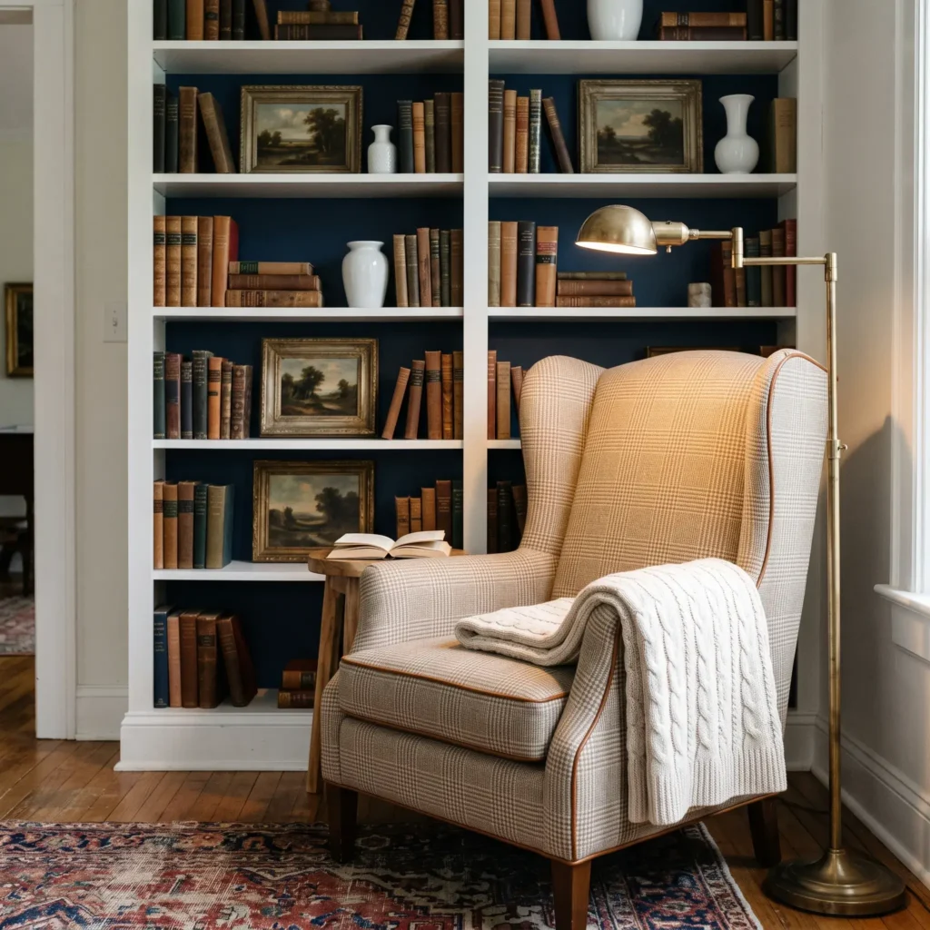 Glen plaid wool wingback chair beside built-in bookshelves with a brass pharmacy floor lamp.