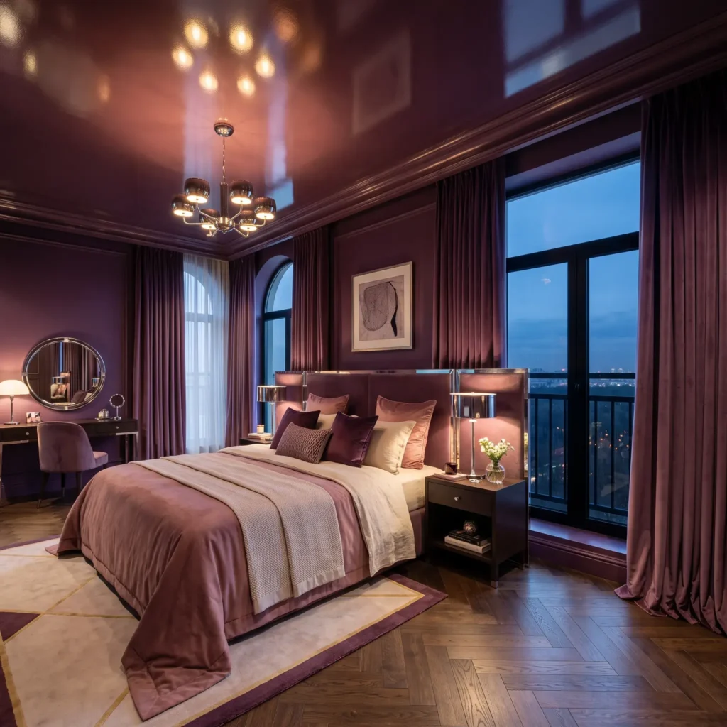 Rich aubergine color drenched bedroom with walls, trim, and ceiling in deep plum, accented by velvet curtains and warm lamps.
