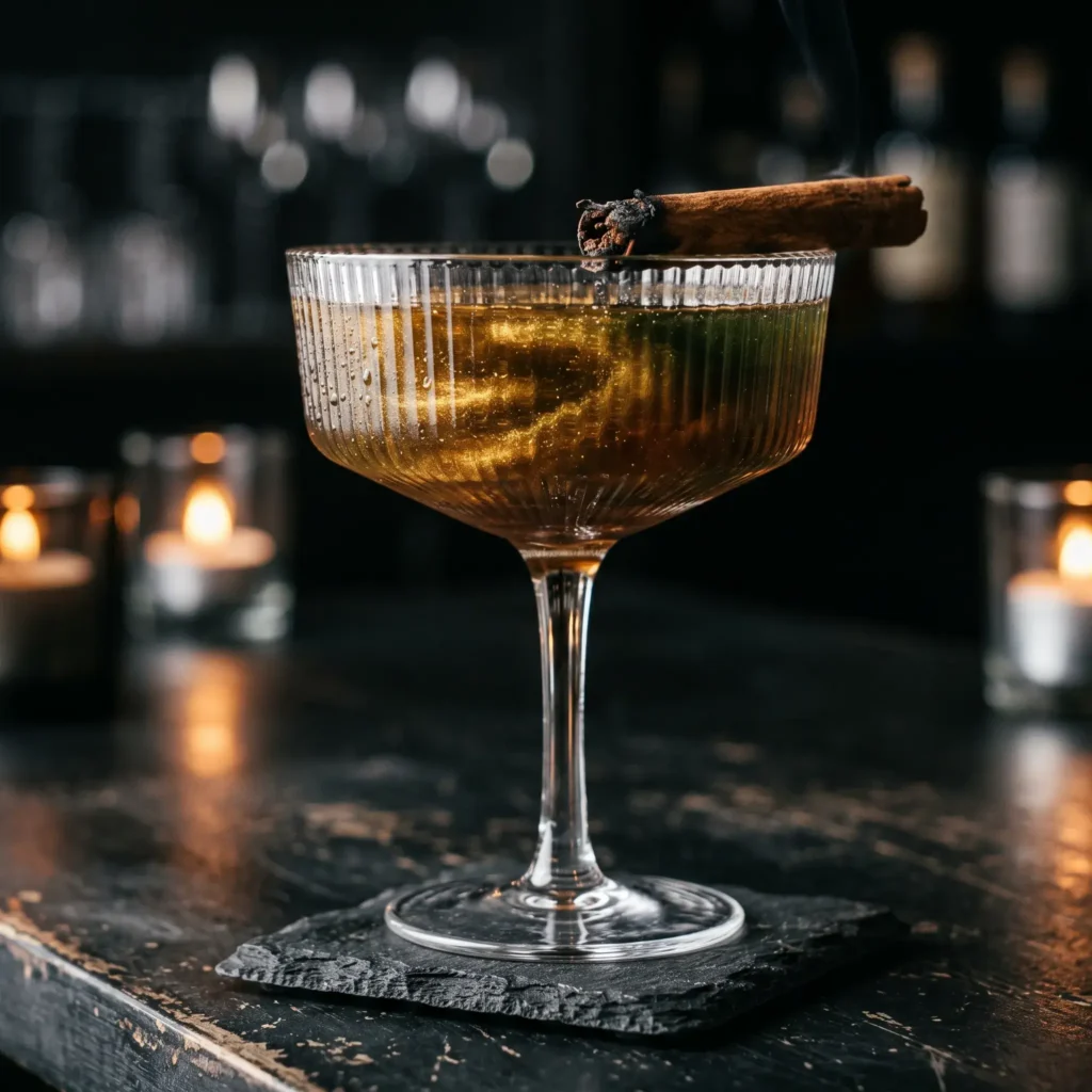 A coupe glass holding a swirling gold and green shimmering apple cider cocktail with a cinnamon stick garnish.