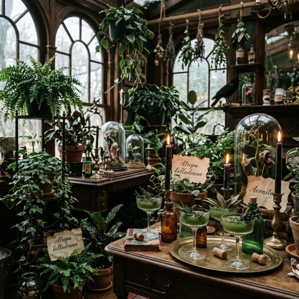 Victorian botanical Halloween setup with potted ferns, glass cloches, and herbal cocktails in coupe glasses.