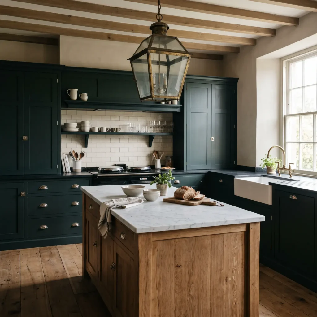 English Shaker kitchen with dark green cabinets, polished nickel cupboard latches, and unlacquered brass hanging lanterns.