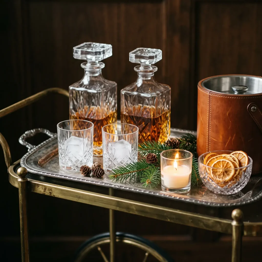 Ralph Lauren inspired holiday bar cart with cut crystal decanters, amber whiskey, and pine sprigs.