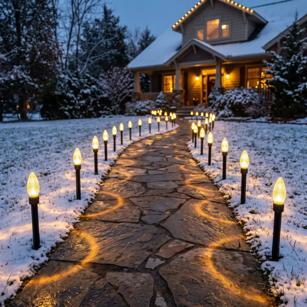 Concrete walkway cleanly bordered by straight, 12-inch elevated C9 warm white faceted LED lights on rigid stakes in light snow.