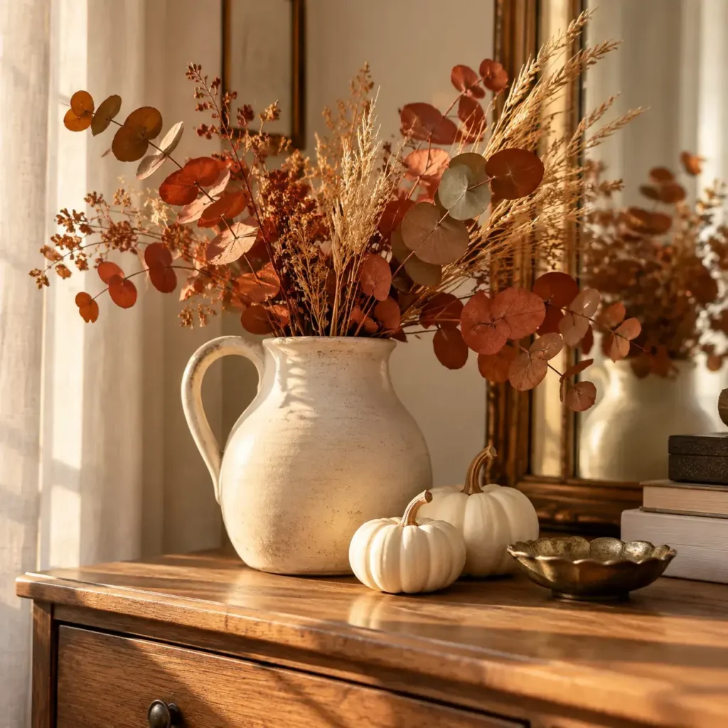 Bedroom dresser styled with dried eucalyptus branches in a stoneware jug, white heirloom pumpkins, and a bronze dish.