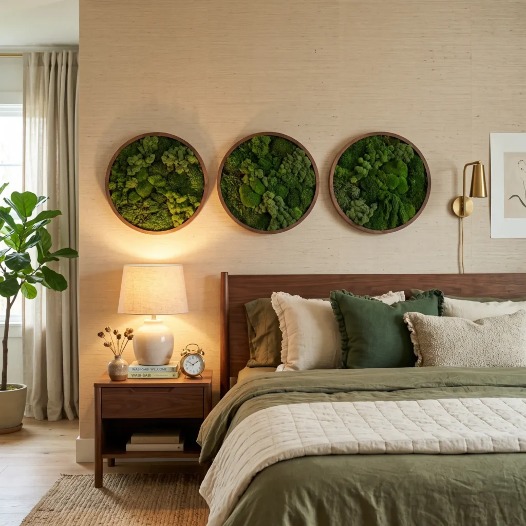 Three circular walnut wood frames with textured green preserved reindeer moss mounted above a walnut bed.